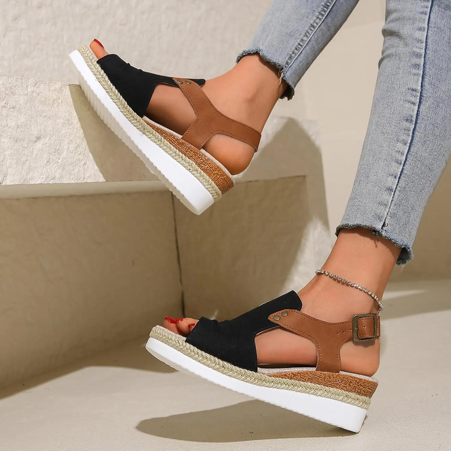 Wedge Sandals for Women Espadrilles Orthopedic Sandals Platform Wedges Comfortable Summer Casual Heels Sandals Dressy Open Toe Ankle Strap Low Wedge Outdoor Beach Shoes
