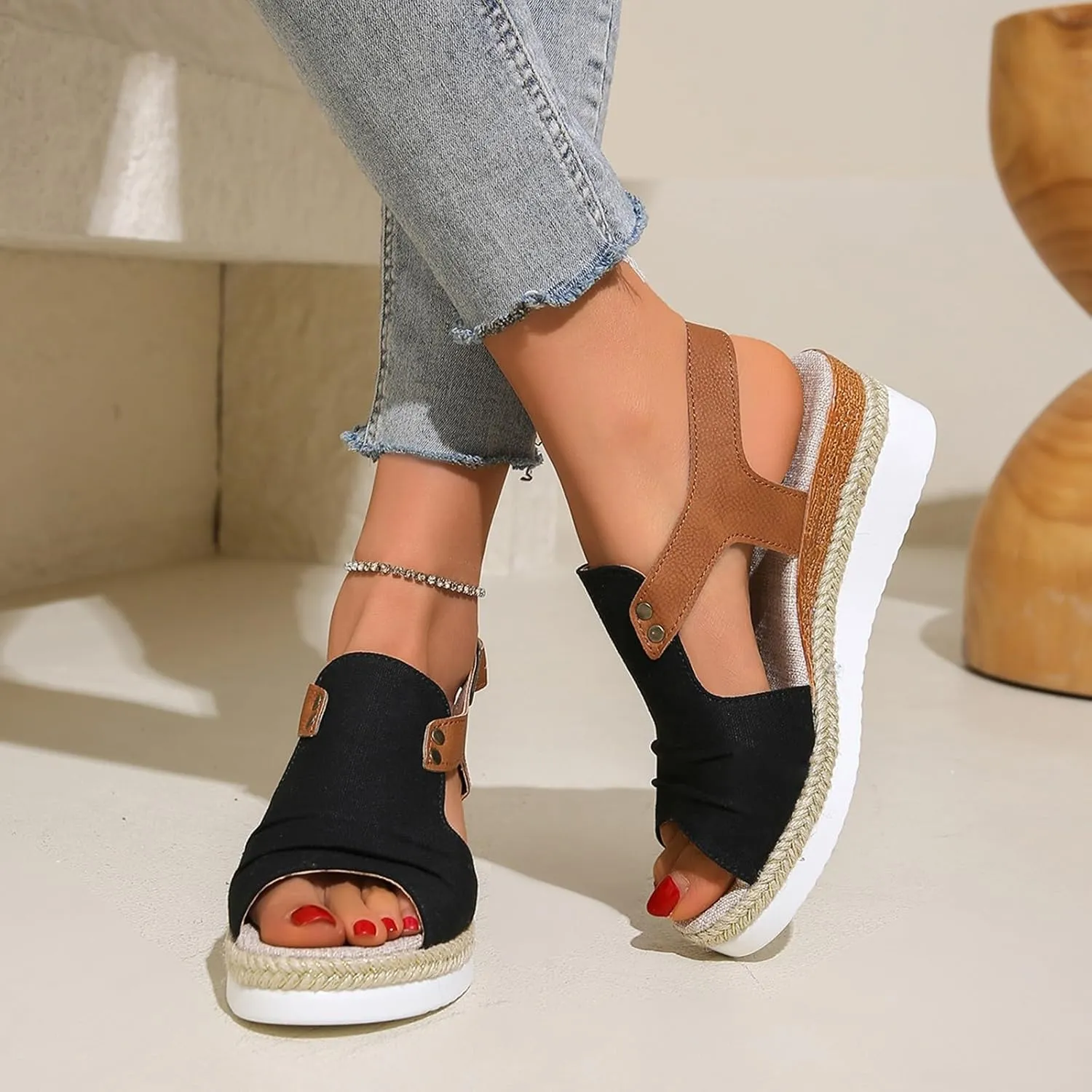 Wedge Sandals for Women Espadrilles Orthopedic Sandals Platform Wedges Comfortable Summer Casual Heels Sandals Dressy Open Toe Ankle Strap Low Wedge Outdoor Beach Shoes