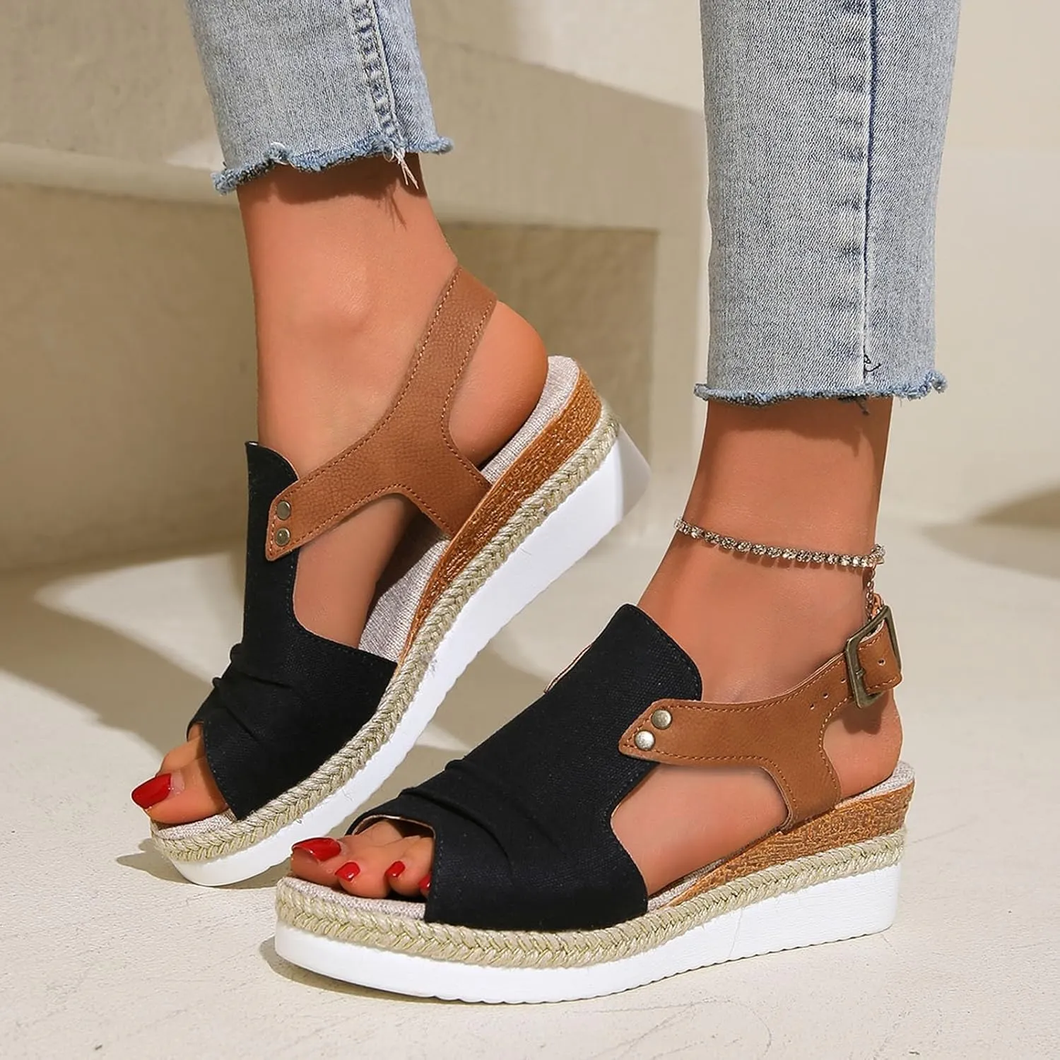 Wedge Sandals for Women Espadrilles Orthopedic Sandals Platform Wedges Comfortable Summer Casual Heels Sandals Dressy Open Toe Ankle Strap Low Wedge Outdoor Beach Shoes