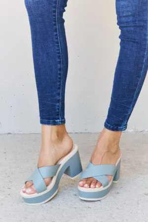 Weeboo Contrast Platform Slide On Slip In Cross Strap Thick Sole High Heel Sandals in Misty Blue