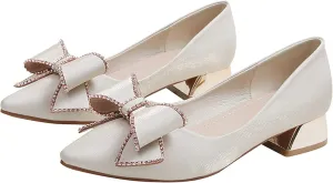 WENJIAZHIZHI Bow-Knot Pumps Heels Shoes for Womens Chunky Low Block Heels for Women Wedding Dressy Pumps Shoes Sexy Closed Toe