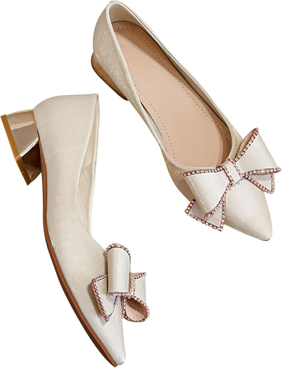 WENJIAZHIZHI Bow-Knot Pumps Heels Shoes for Womens Chunky Low Block Heels for Women Wedding Dressy Pumps Shoes Sexy Closed Toe