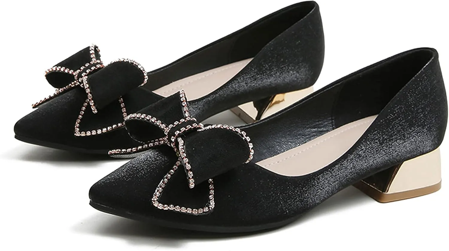 WENJIAZHIZHI Bow-Knot Pumps Heels Shoes for Womens Chunky Low Block Heels for Women Wedding Dressy Pumps Shoes Sexy Closed Toe