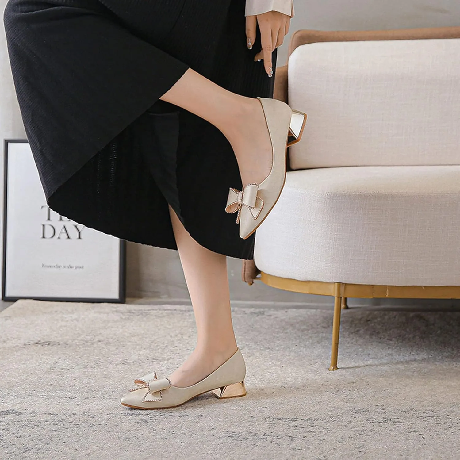 WENJIAZHIZHI Bow-Knot Pumps Heels Shoes for Womens Chunky Low Block Heels for Women Wedding Dressy Pumps Shoes Sexy Closed Toe