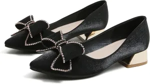 WENJIAZHIZHI Bow-Knot Pumps Heels Shoes for Womens Chunky Low Block Heels for Women Wedding Dressy Pumps Shoes Sexy Closed Toe