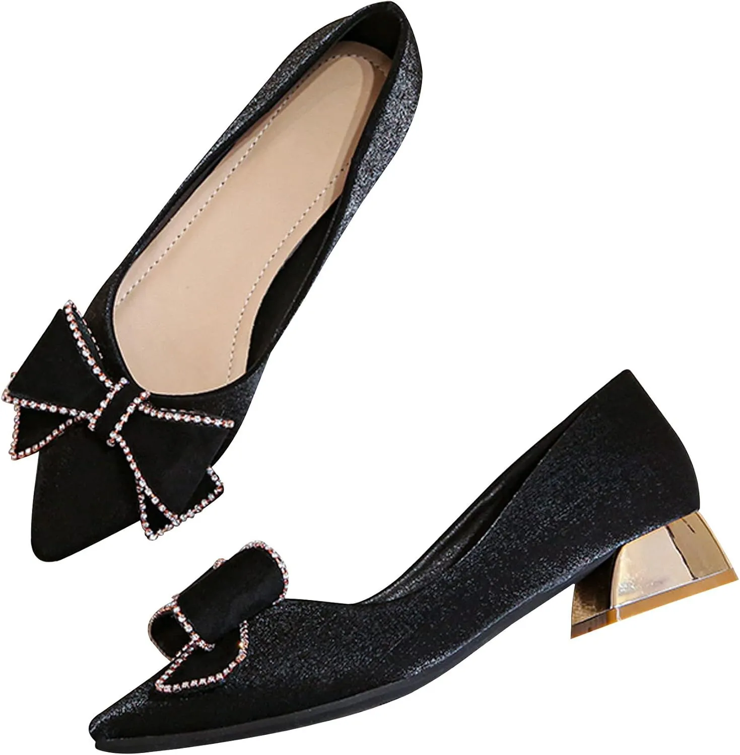 WENJIAZHIZHI Bow-Knot Pumps Heels Shoes for Womens Chunky Low Block Heels for Women Wedding Dressy Pumps Shoes Sexy Closed Toe
