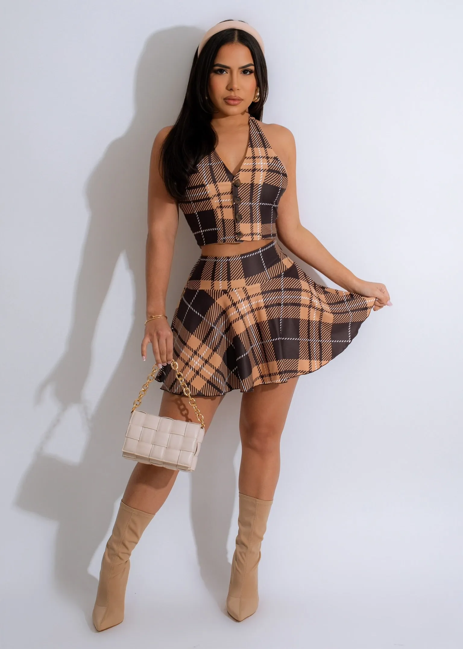 What If Plaid Skirt Set Brown