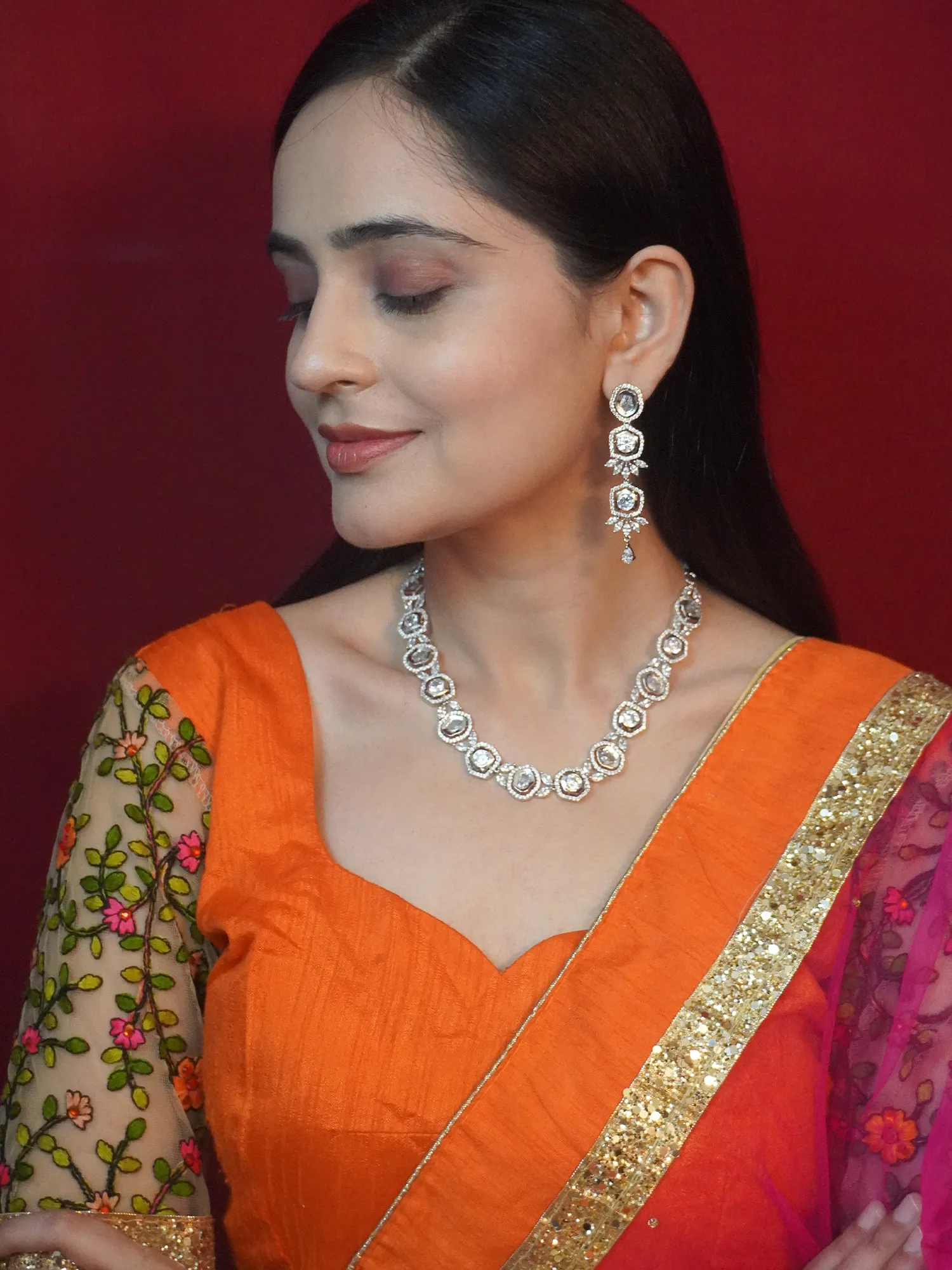 White American Diamond Necklace Set With Earrings