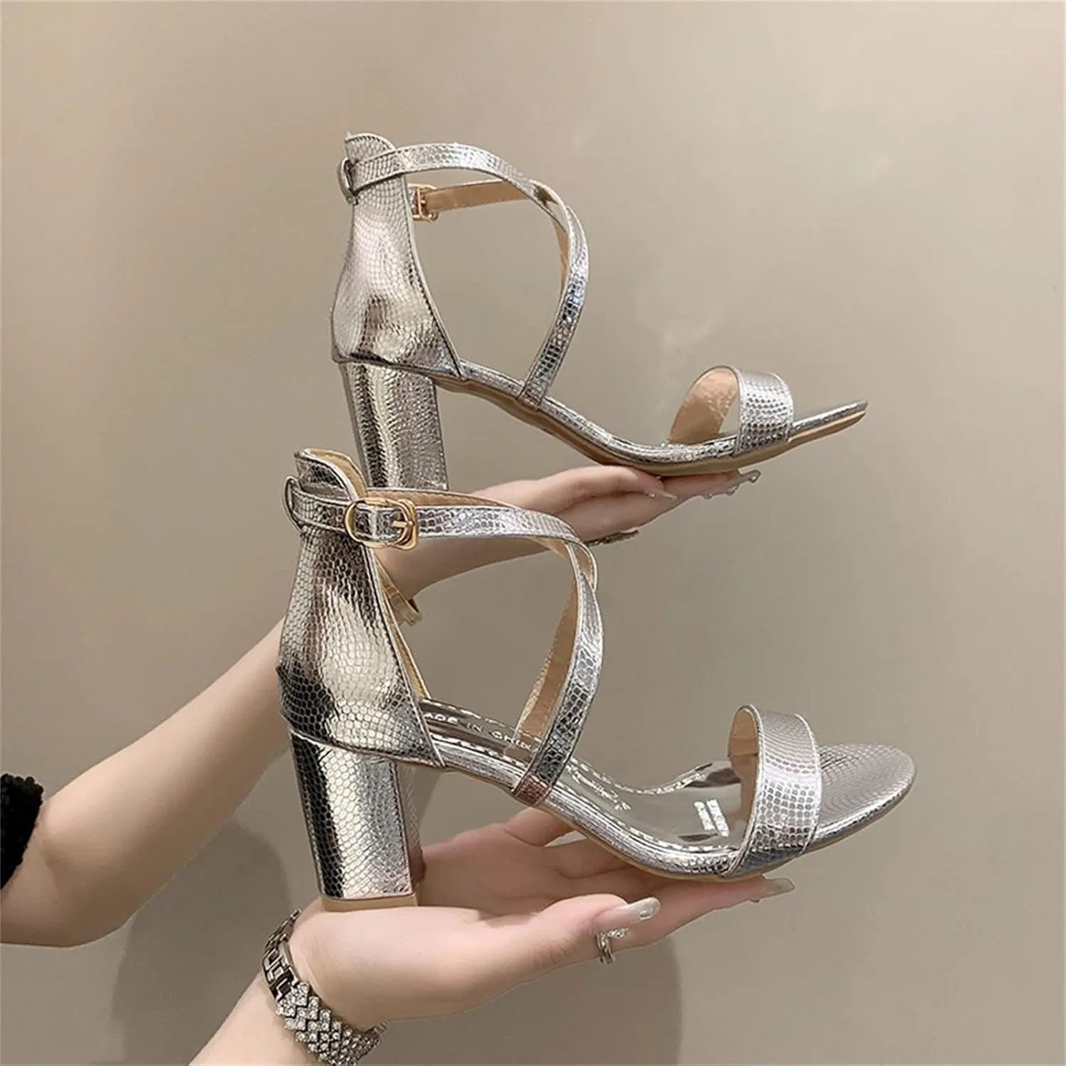 Wide Platform Heels for Women Strappy Heels Square Toe Sandals Metallic Chunky Flare Heels Ankle Strap Shoes