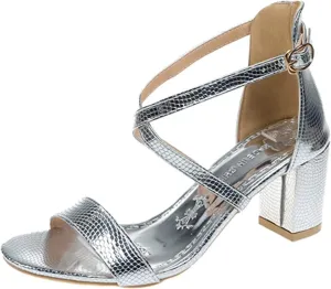 Wide Platform Heels for Women Strappy Heels Square Toe Sandals Metallic Chunky Flare Heels Ankle Strap Shoes