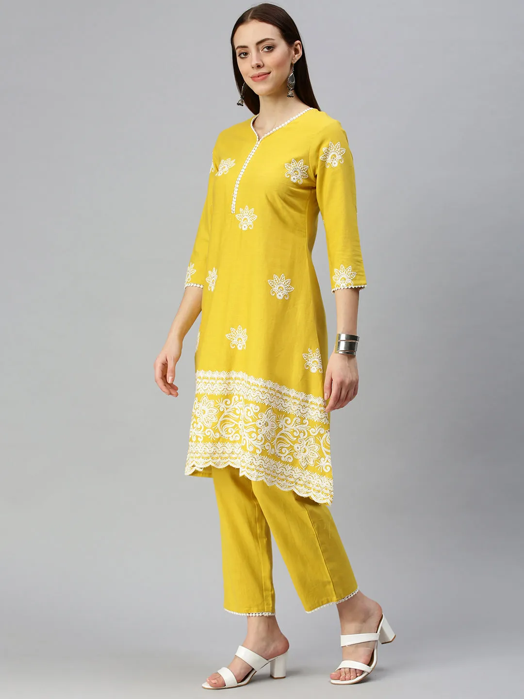 Women A-Line Yellow Embroidered Kurta and Trousers Comes with Dupatta
