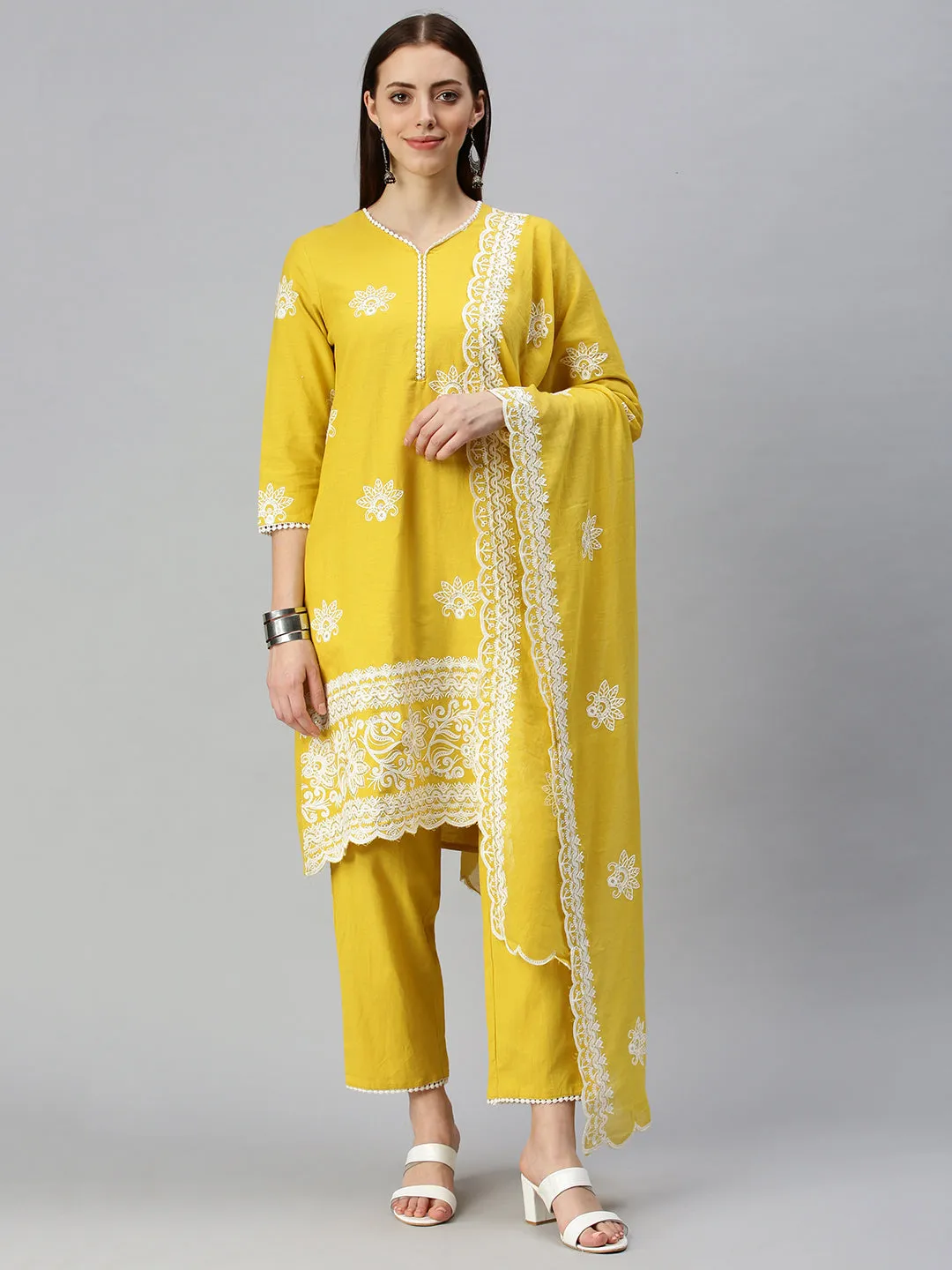 Women A-Line Yellow Embroidered Kurta and Trousers Comes with Dupatta