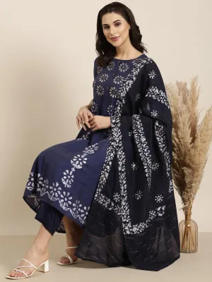 Women Anarkali Navy Blue Ethnic Motifs Kurta and Trousers Set Comes With Dupatta