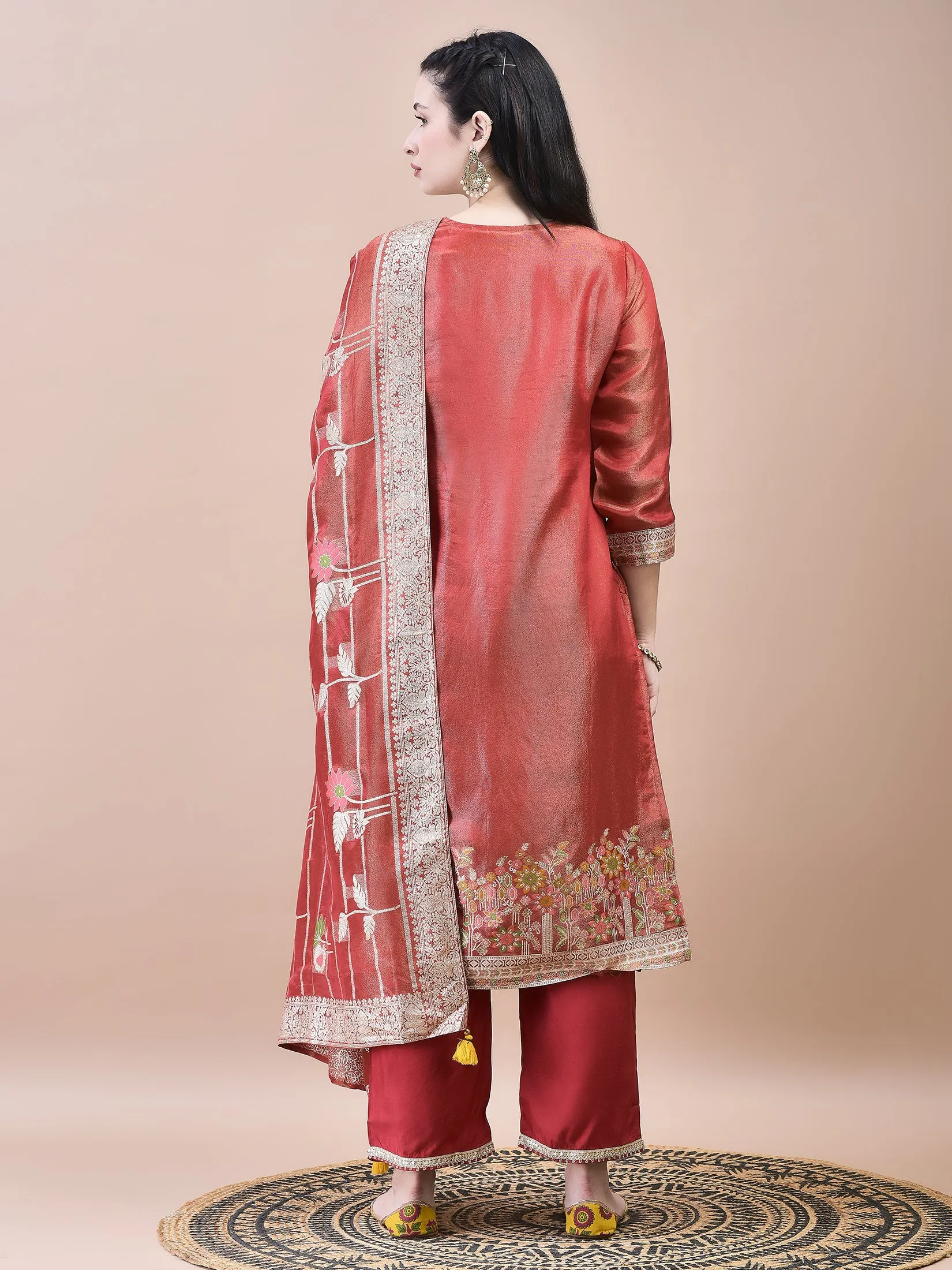 Women Dola Jacquard Red Woven Kurta Comfort Pant Dupatta