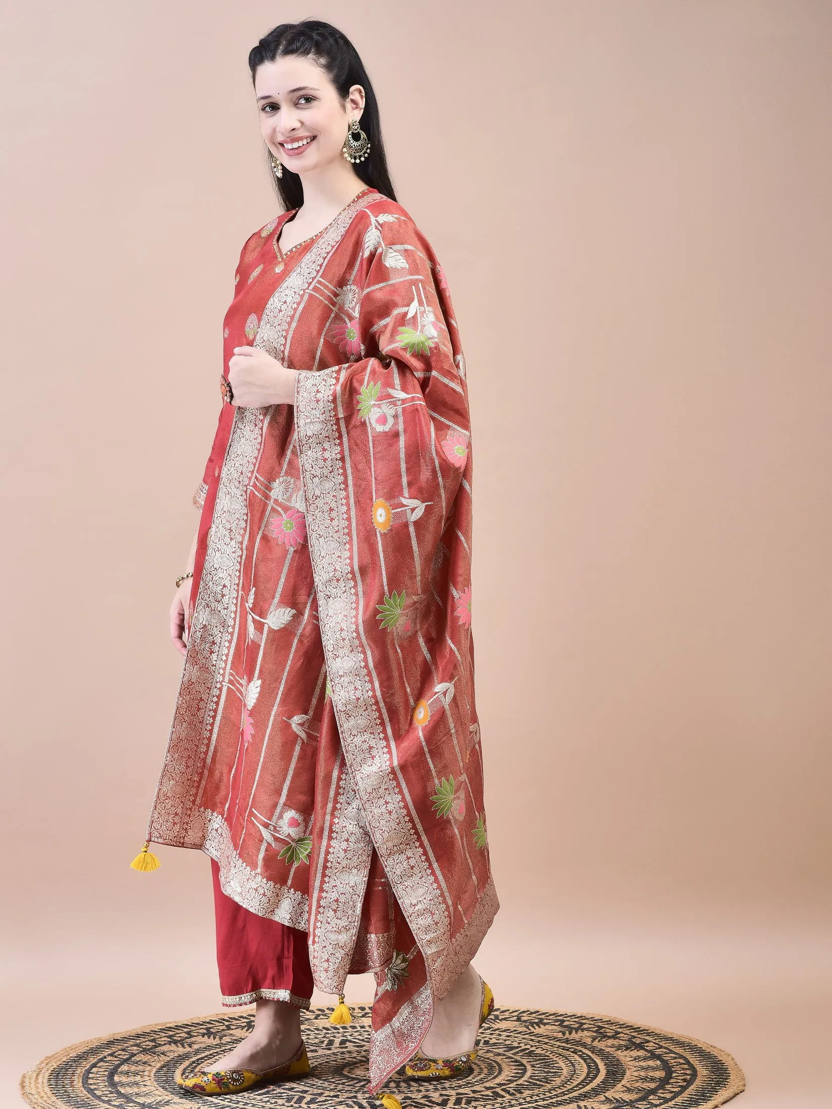 Women Dola Jacquard Red Woven Kurta Comfort Pant Dupatta