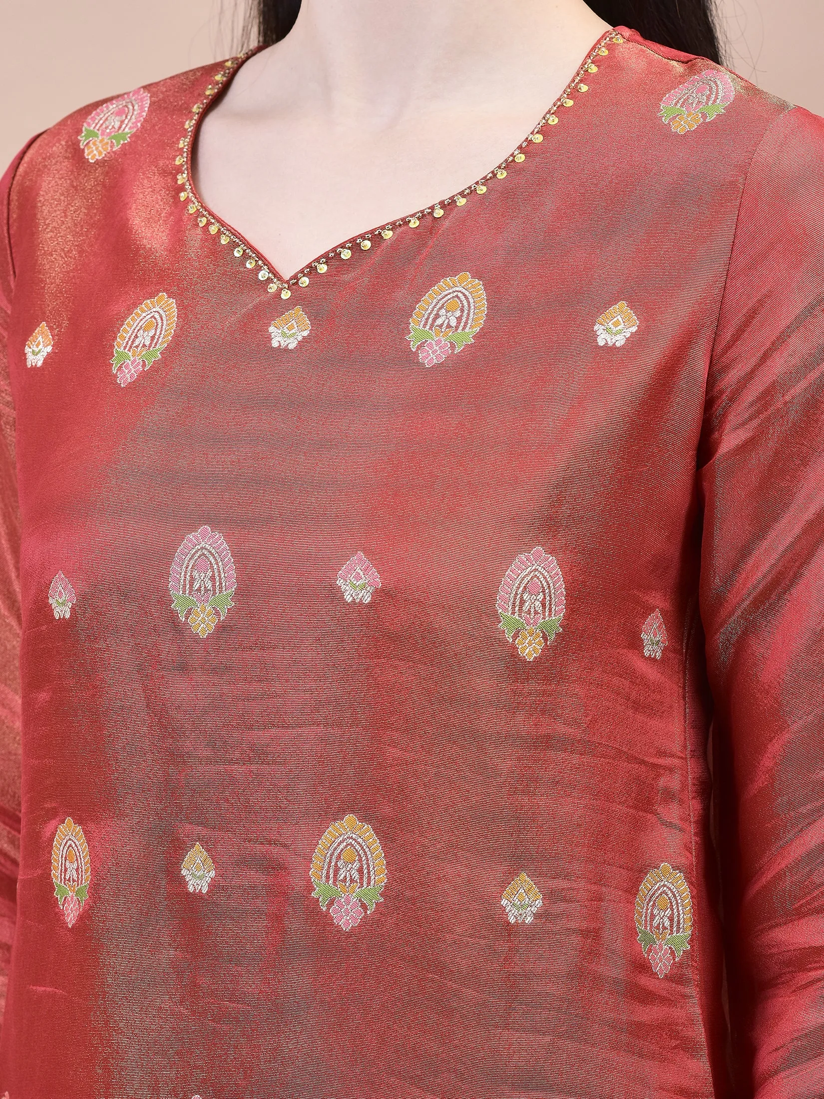 Women Dola Jacquard Red Woven Kurta Comfort Pant Dupatta