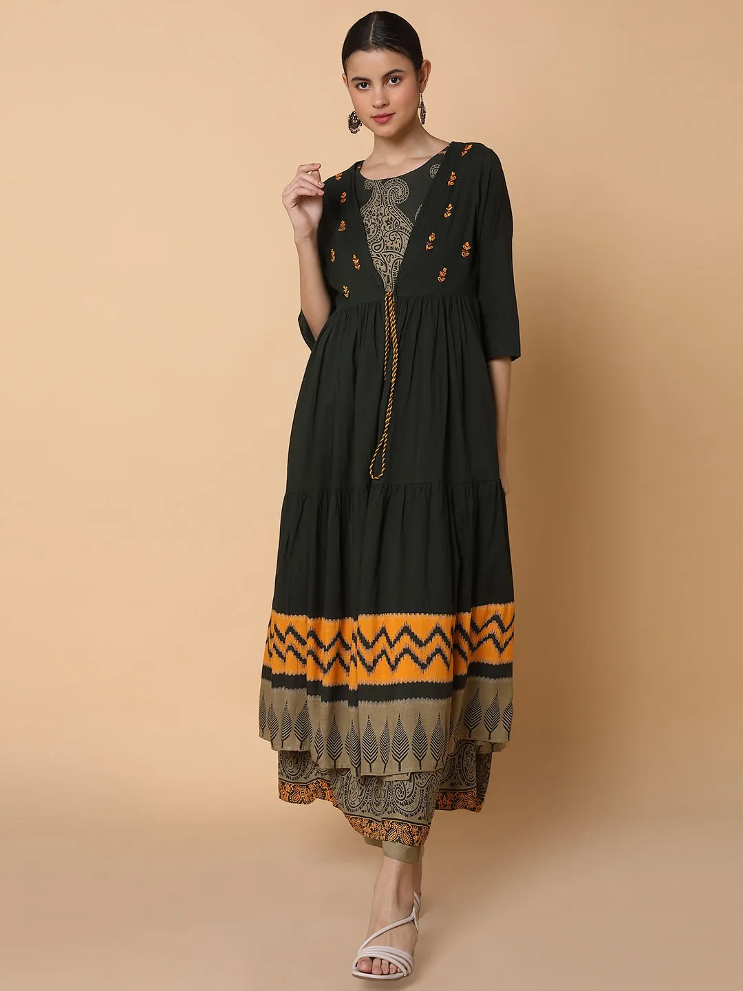 Women Ethnic Motifs Green Anarkali Kurta with Shrug