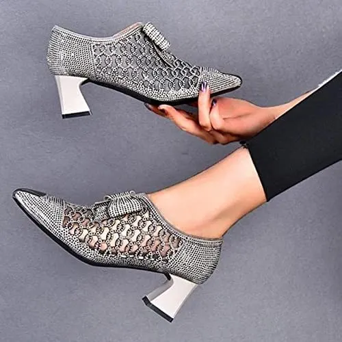 Women Fashion Rhinestone Hollow Chunky  Heeled Sandals