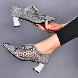 Women Fashion Rhinestone Hollow Chunky  Heeled Sandals