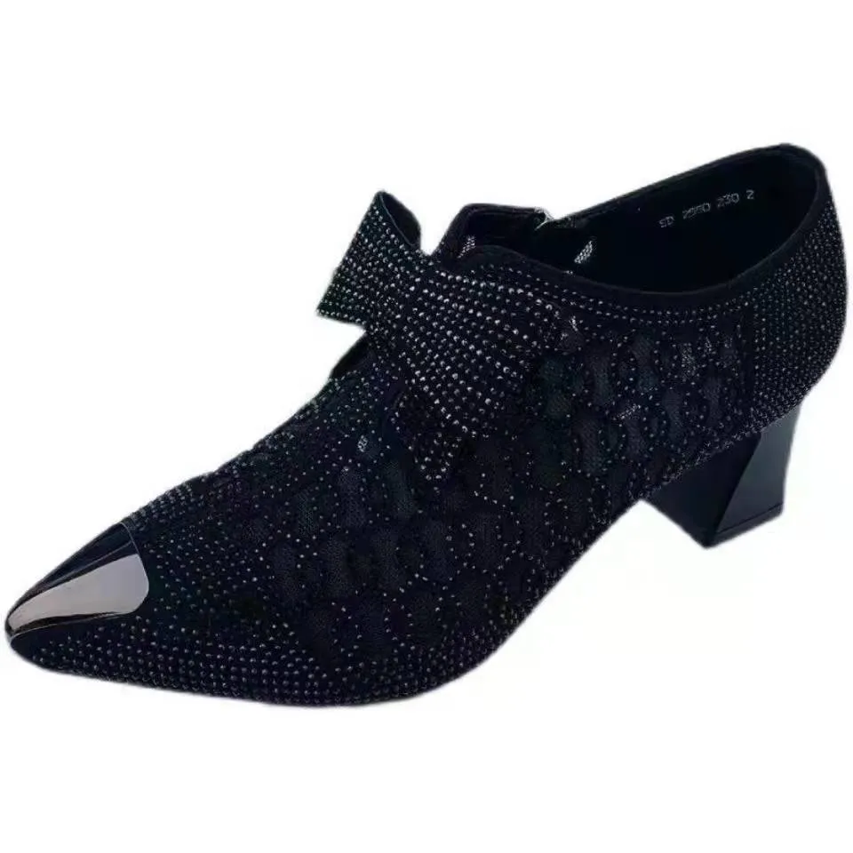 Women Fashion Rhinestone Hollow Chunky  Heeled Sandals