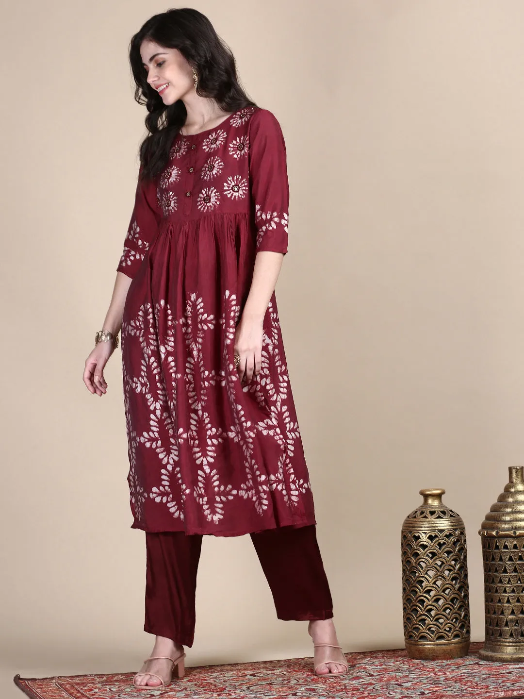Women Floral Maroon A-Line Kurta Set