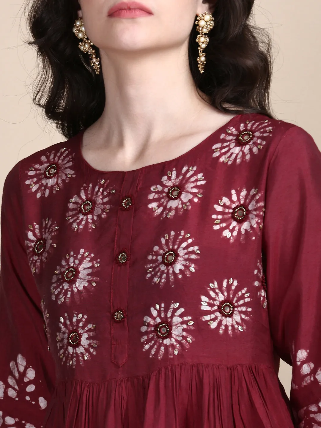 Women Floral Maroon A-Line Kurta Set