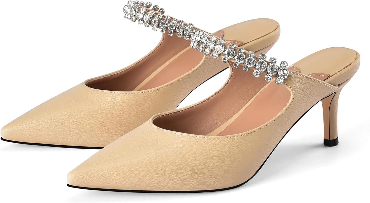 Women Heeled Mules Rhinestone Pointed Toe Stiletto High Heels Slip On Dress Shoes Bridal Evening Formal Wedding