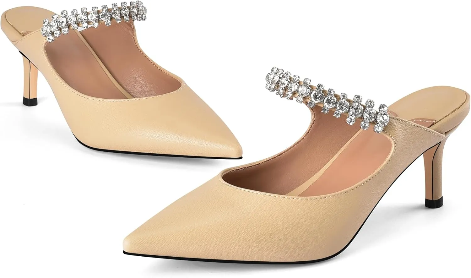 Women Heeled Mules Rhinestone Pointed Toe Stiletto High Heels Slip On Dress Shoes Bridal Evening Formal Wedding