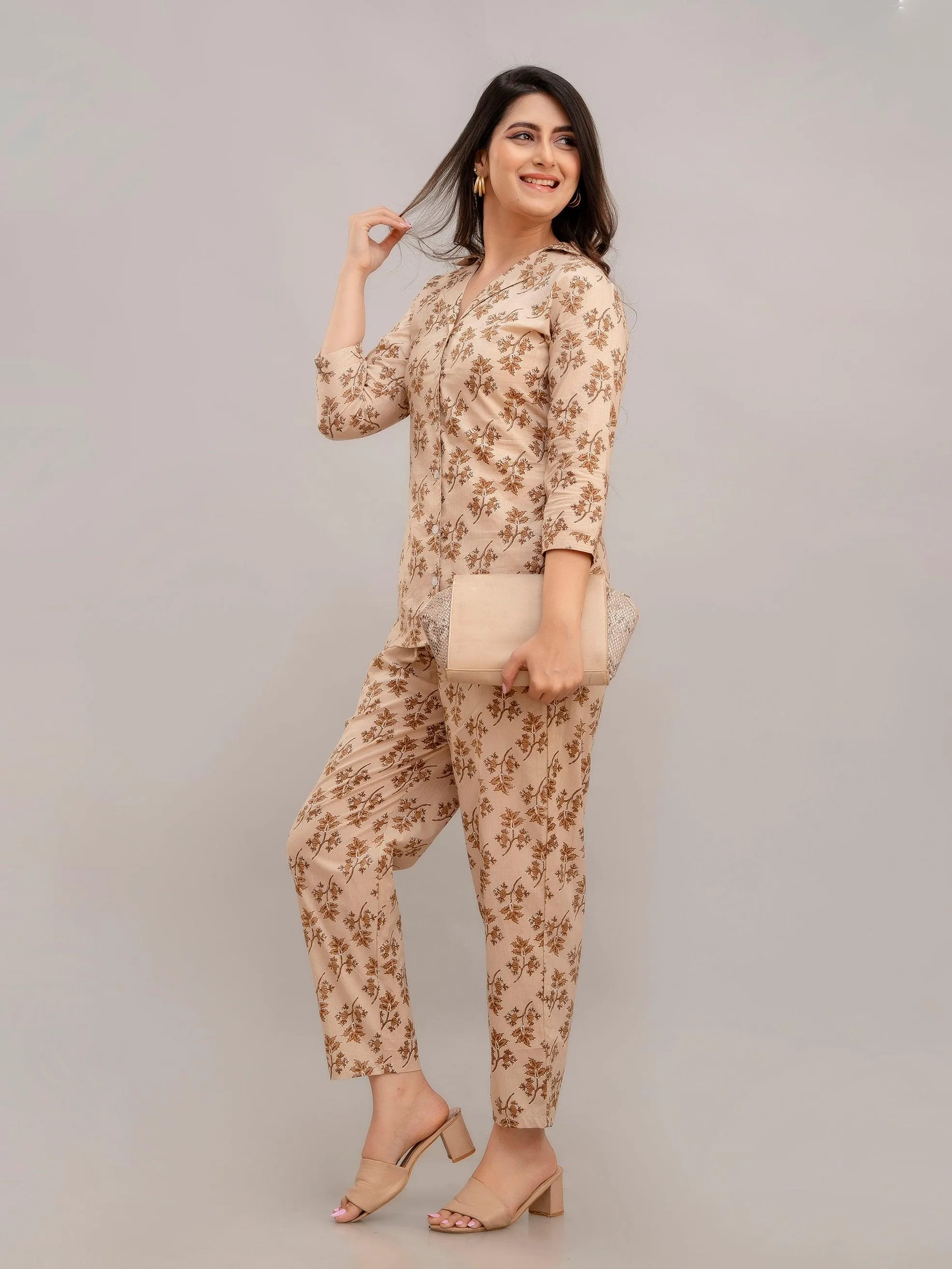 Women Light Fawn Printed Co-ord Set