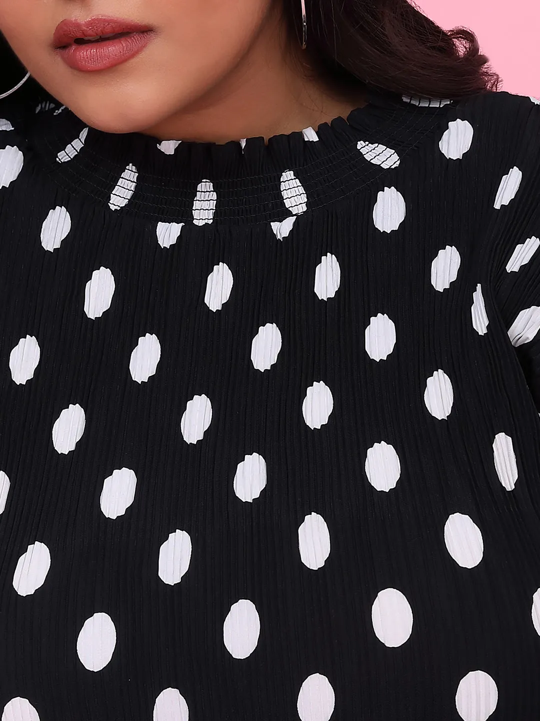 Women Polka Dots Black Fit and Flare Dress with Belt