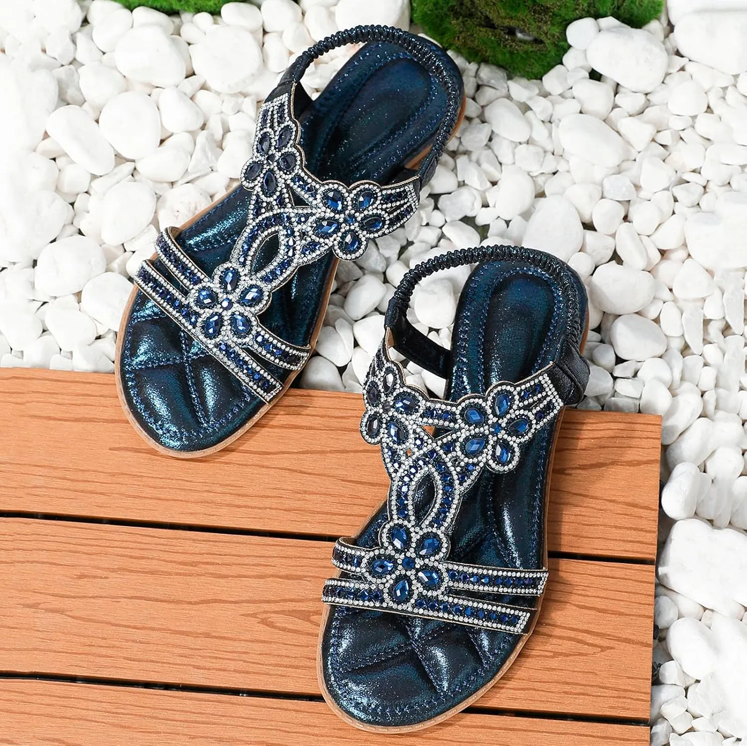 Women Rhinestone Sandals T-Strap Buckle Bohemian Pearl Crystal Dressy Flat Sandals for Women