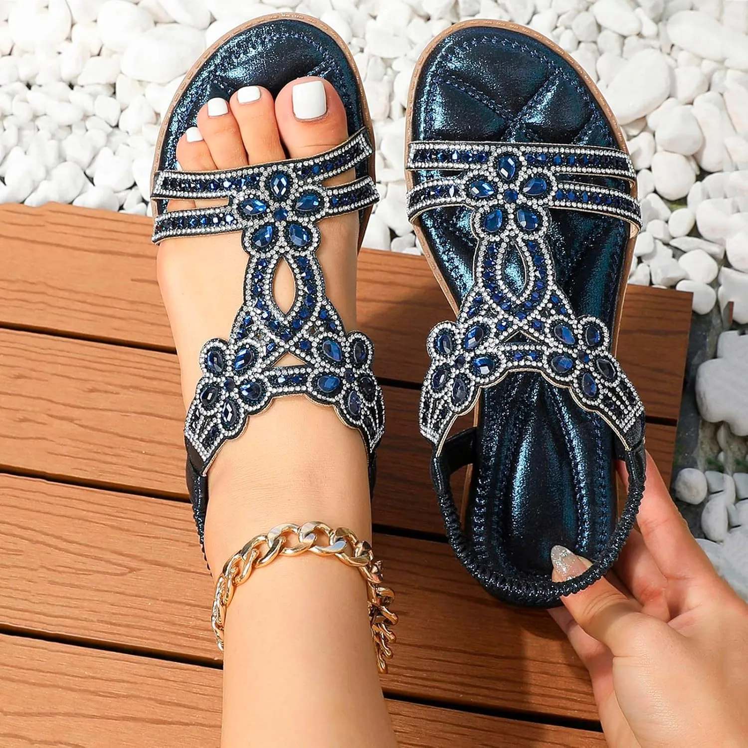 Women Rhinestone Sandals T-Strap Buckle Bohemian Pearl Crystal Dressy Flat Sandals for Women