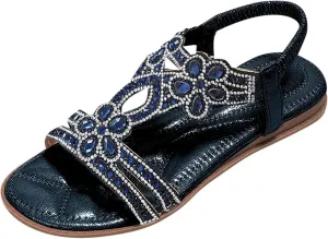 Women Rhinestone Sandals T-Strap Buckle Bohemian Pearl Crystal Dressy Flat Sandals for Women