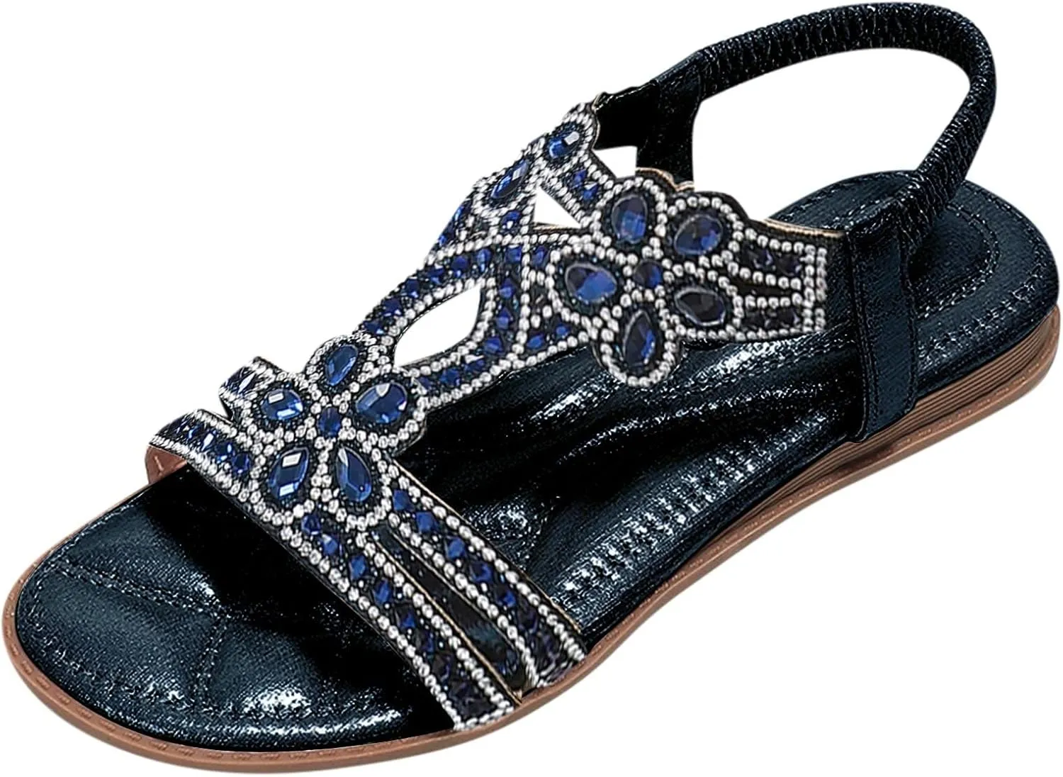 Women Rhinestone Sandals T-Strap Buckle Bohemian Pearl Crystal Dressy Flat Sandals for Women
