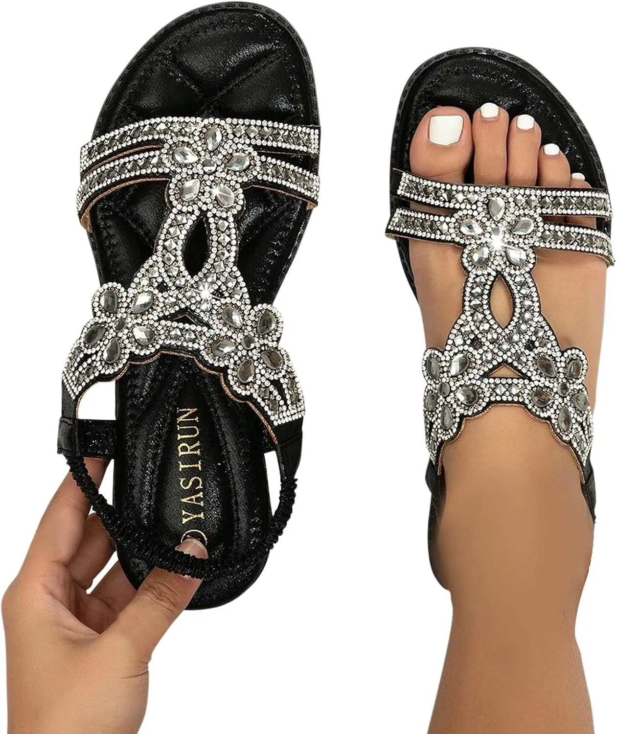 Women Rhinestone Sandals T-Strap Buckle Bohemian Pearl Crystal Flat Trending Sandals for Women 2025