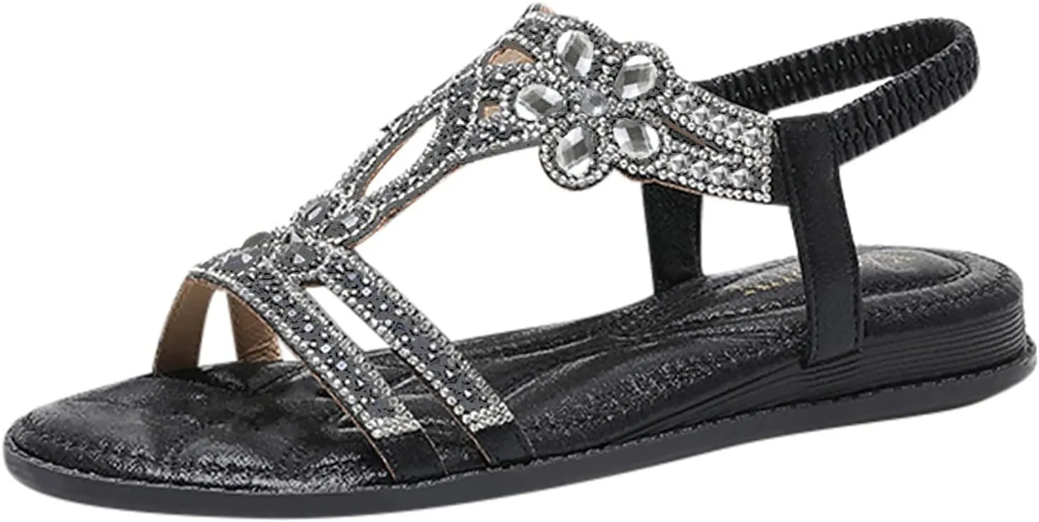 Women Rhinestone Sandals T-Strap Buckle Bohemian Pearl Crystal Flat Trending Sandals for Women 2025
