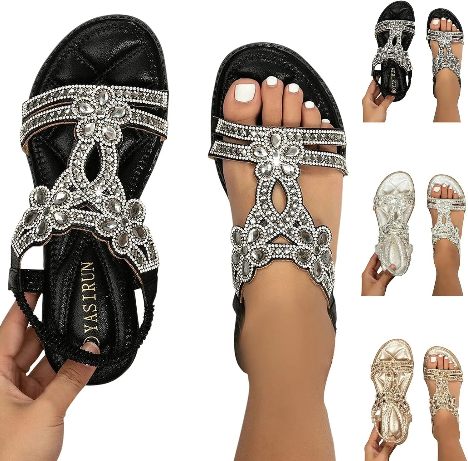 Women Rhinestone Sandals T-Strap Buckle Bohemian Pearl Crystal Flat Trending Sandals for Women 2025