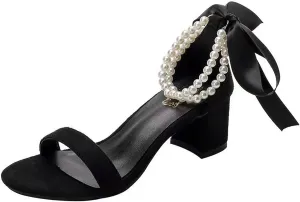 Women Sandals Women Bows Tie High Heels Single Straps Wedding Sandals Pearls Bridal Party Heels