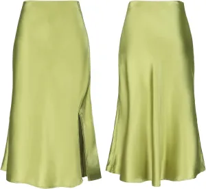 Women Satin Side Split Skirt High Waist Elastic Elegant A Line Midi Skirts for Women