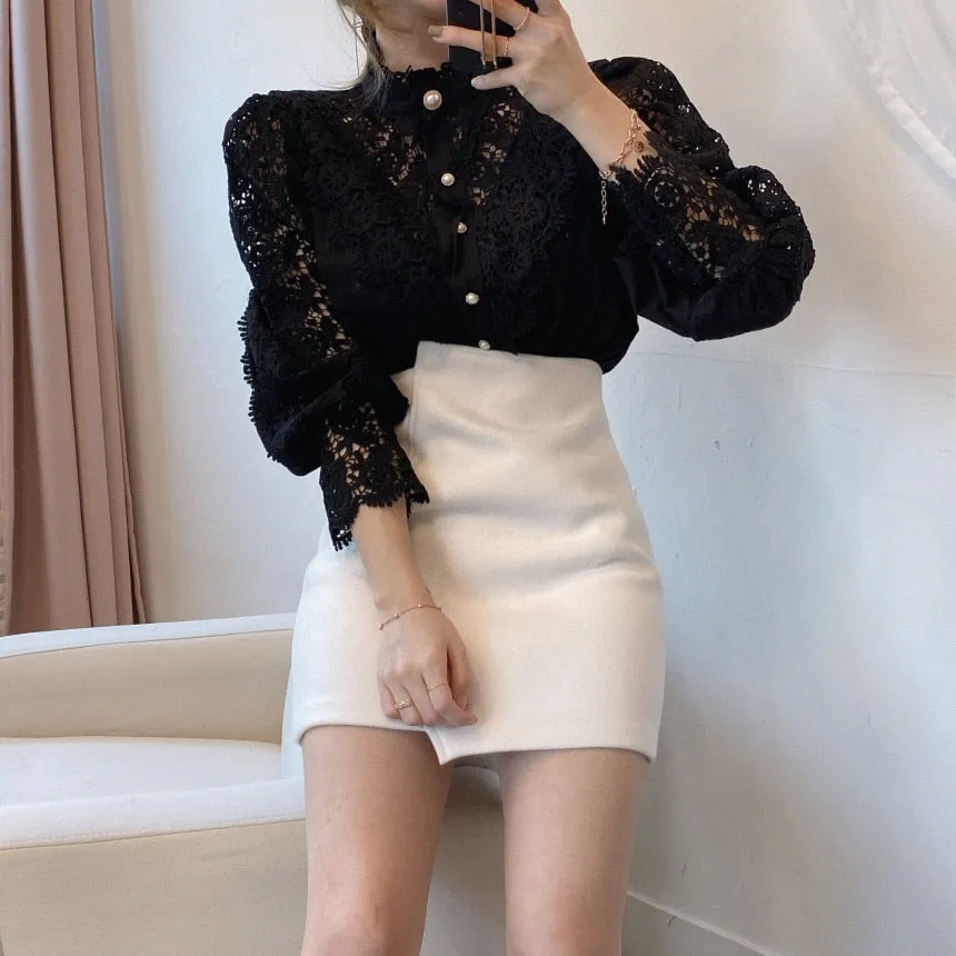 Women Sexy White Lace Patchwork Blouse