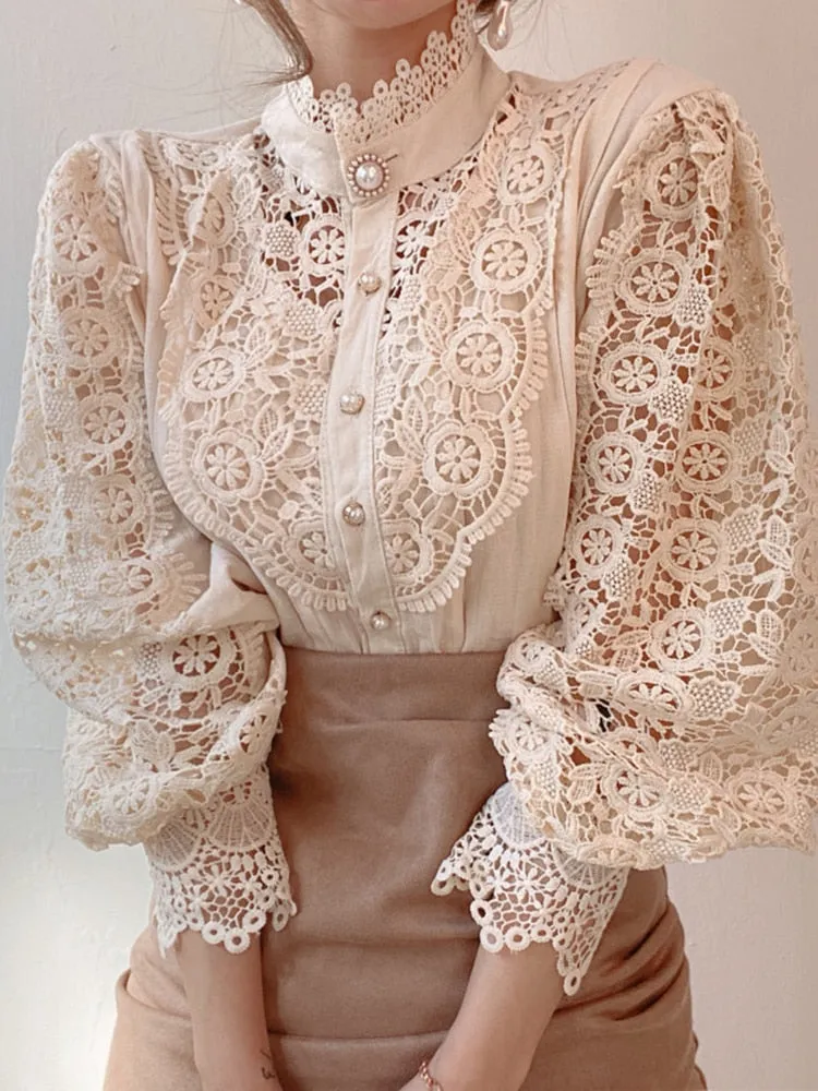 Women Sexy White Lace Patchwork Blouse