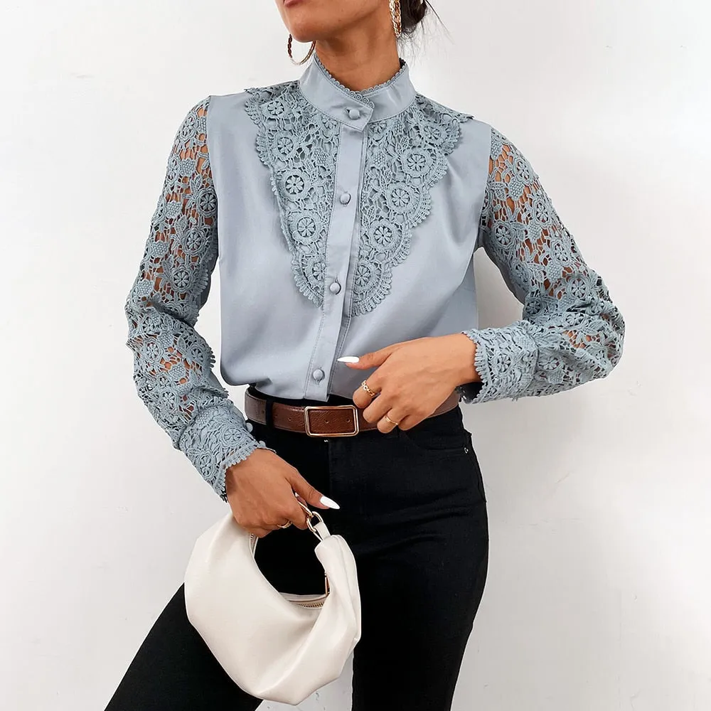 Women Sexy White Lace Patchwork Blouse