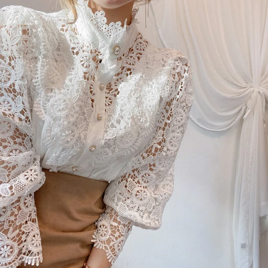 Women Sexy White Lace Patchwork Blouse