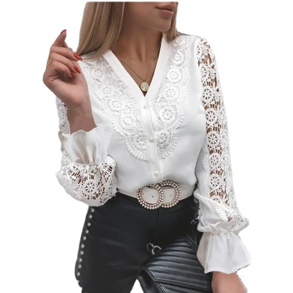 Women Sexy White Lace Patchwork Blouse