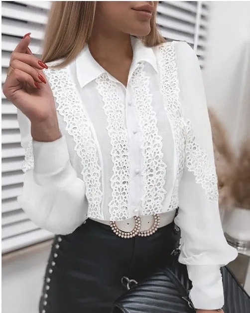 Women Sexy White Lace Patchwork Blouse