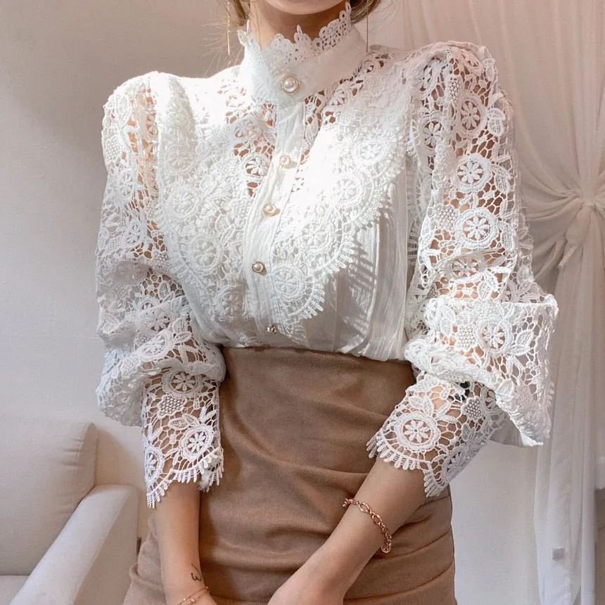 Women Sexy White Lace Patchwork Blouse