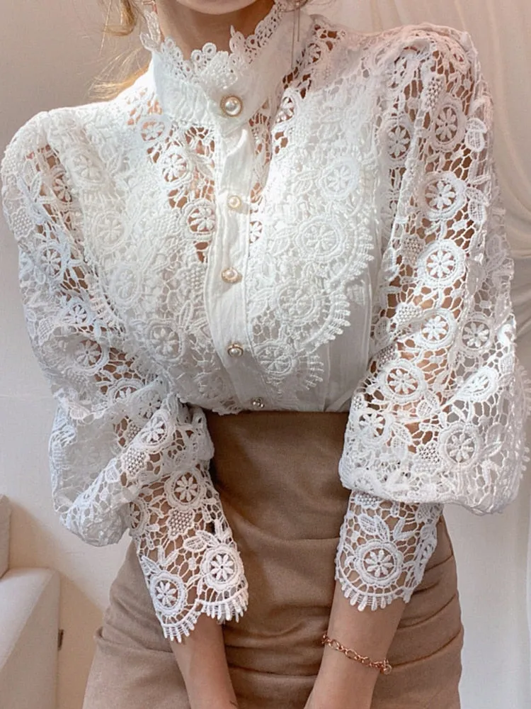 Women Sexy White Lace Patchwork Blouse