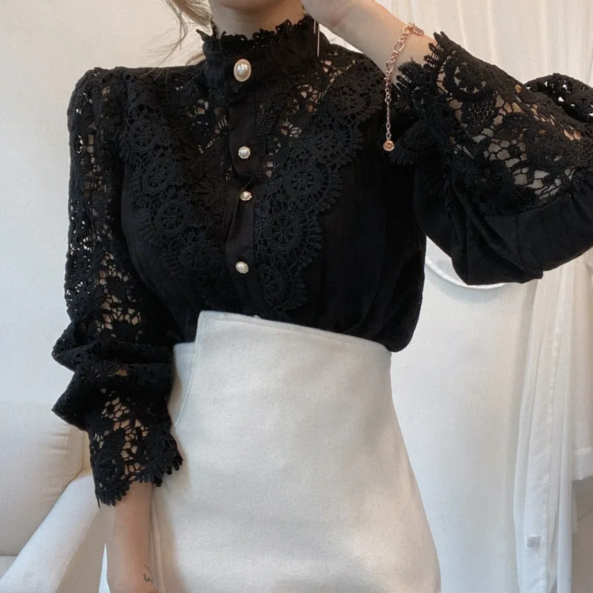 Women Sexy White Lace Patchwork Blouse