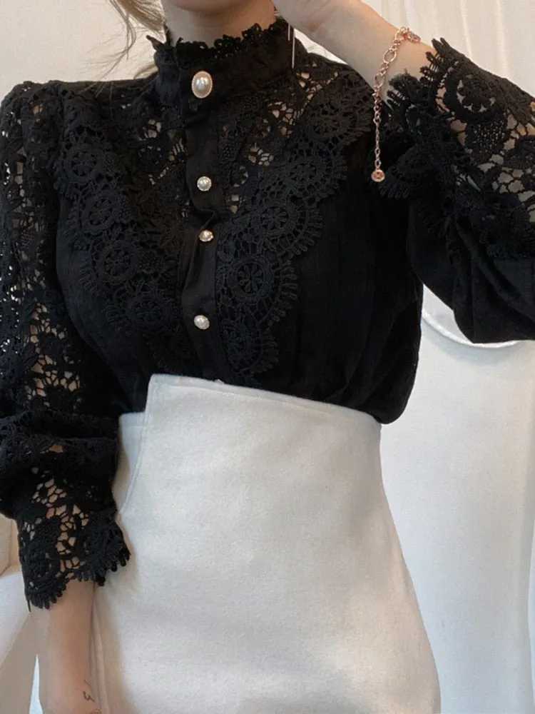 Women Sexy White Lace Patchwork Blouse