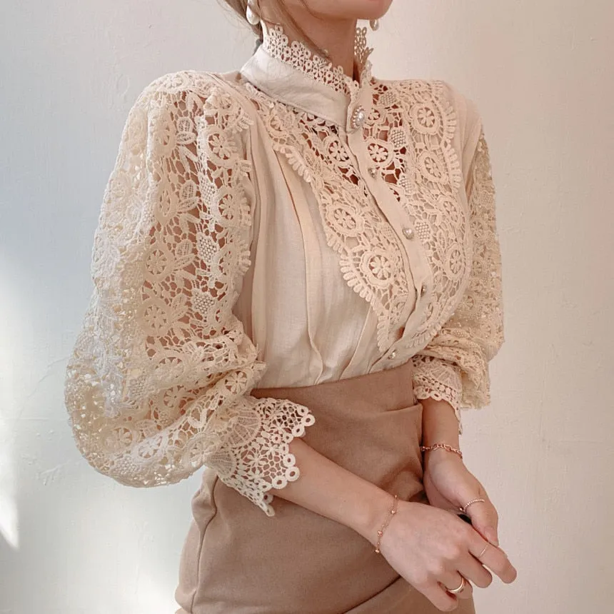 Women Sexy White Lace Patchwork Blouse